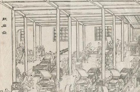 1884年，《申江胜景图》，书籍内页，吴友如绘，上海点石斋，申报馆。石印。画面为点石斋石印局场景，描绘了石板印刷的书写、切纸、手摇印刷等工序